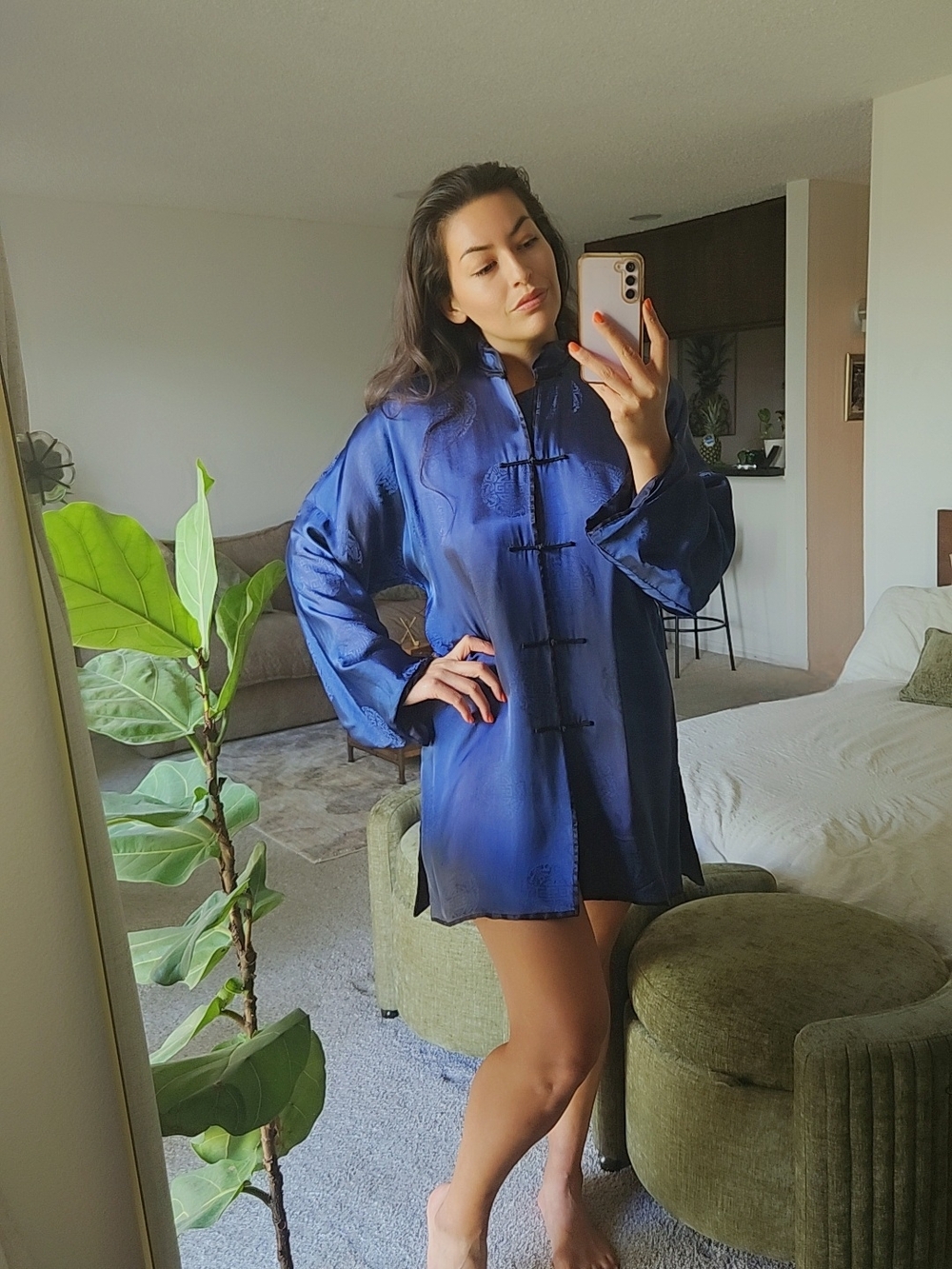 Silk-Inspired Navy Mandarin Collar Jacket / Garment